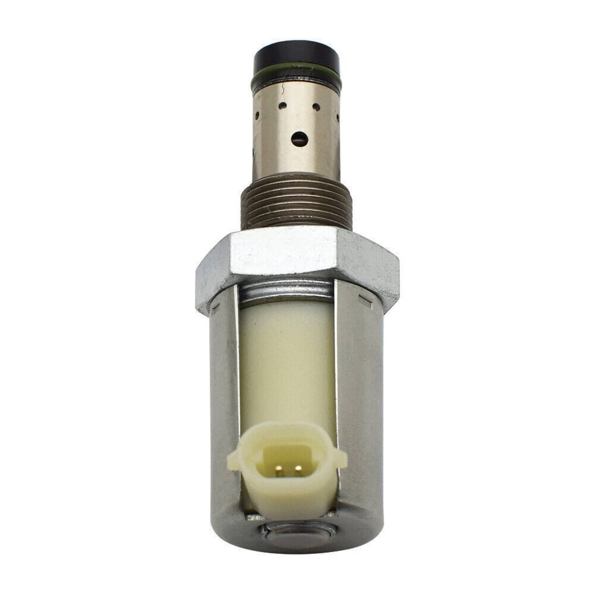 Fuel injector pressure regulator valve with beige plug, threaded stem and metal hex mount