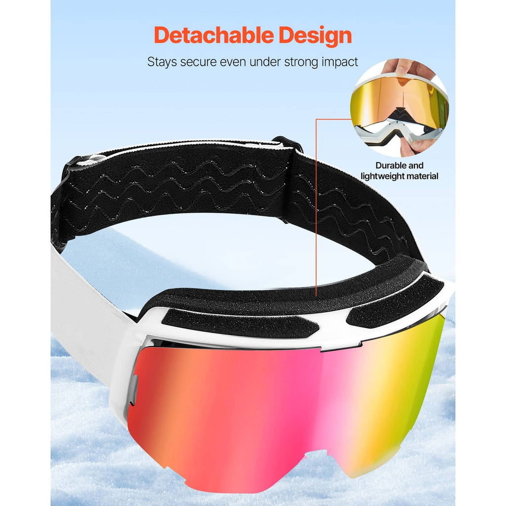 Ski goggles with detachable design and reflective pink-green lens with cushioned strap