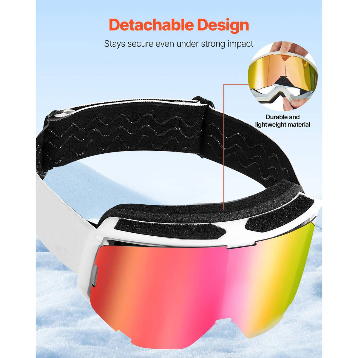 Ski goggles with detachable design and reflective pink-green lens with cushioned strap