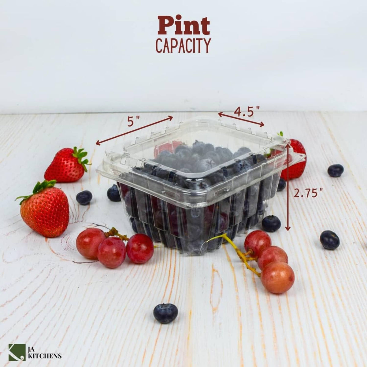Lidded clear plastic produce container, pint-size berry basket with shown dimensions