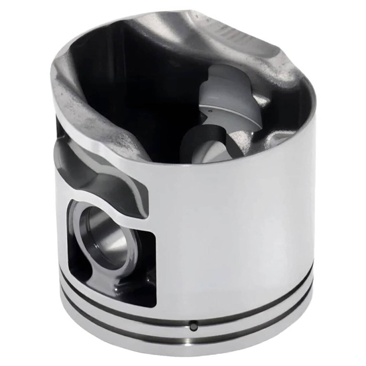 Silver piston with side ports and machined bore opening for cylinder kit.