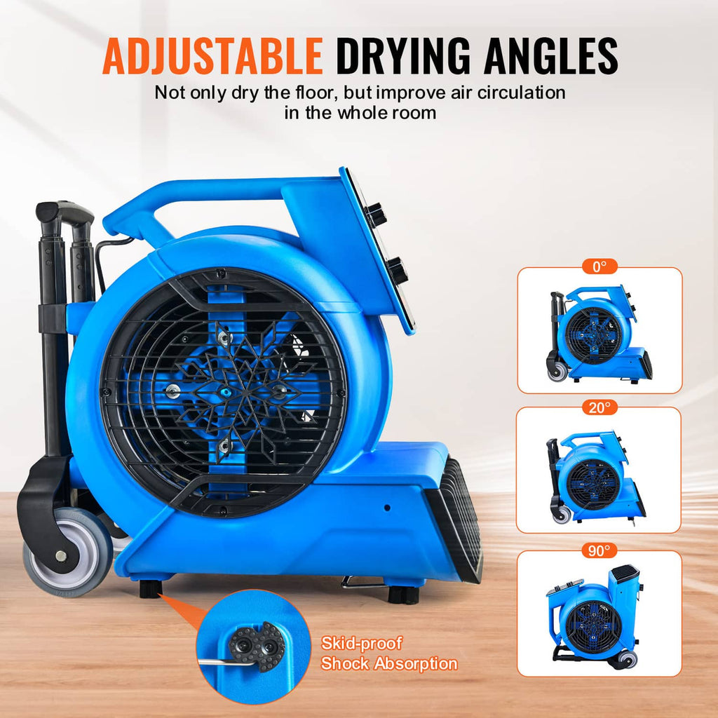 Blue floor blower with adjustable fan angle, front grille, and skid-proof base
