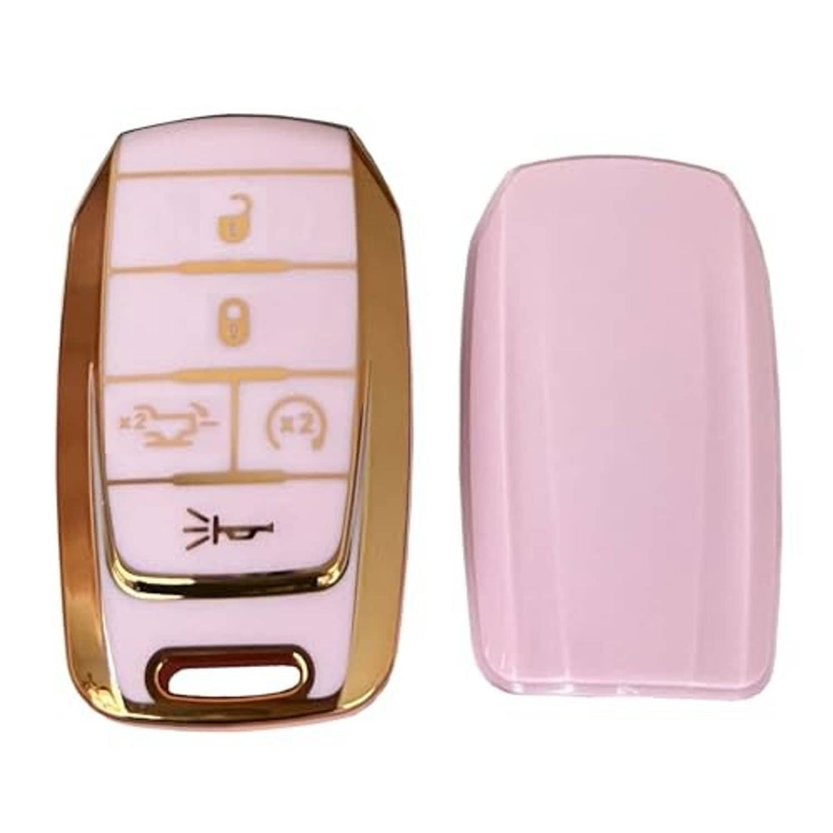 Pink key fob protective cover with gold trim, front and back views