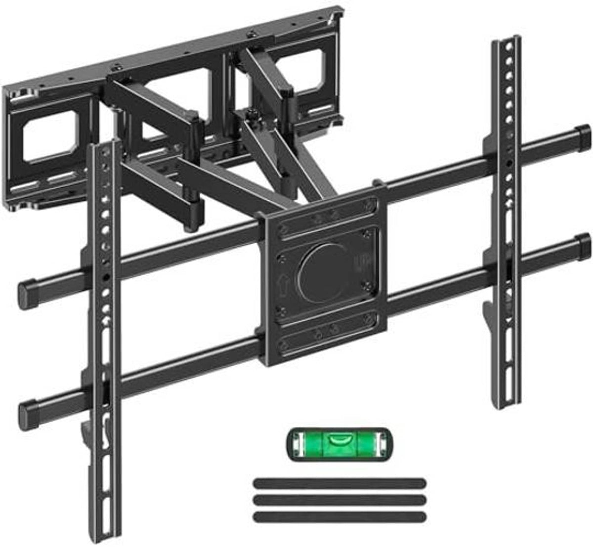 Full motion TV wall mount with long rails, extendable arms, and VESA mounting plate, black