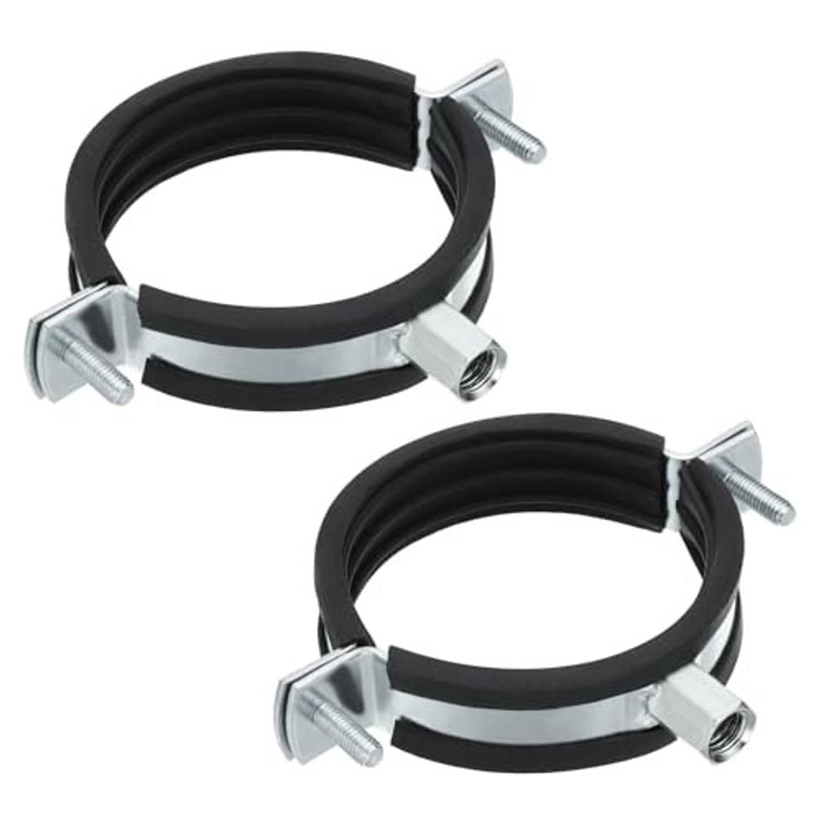 Adjustable split ring pipe hanger set with black rubber insert and zinc-plated clamps (2 pcs)