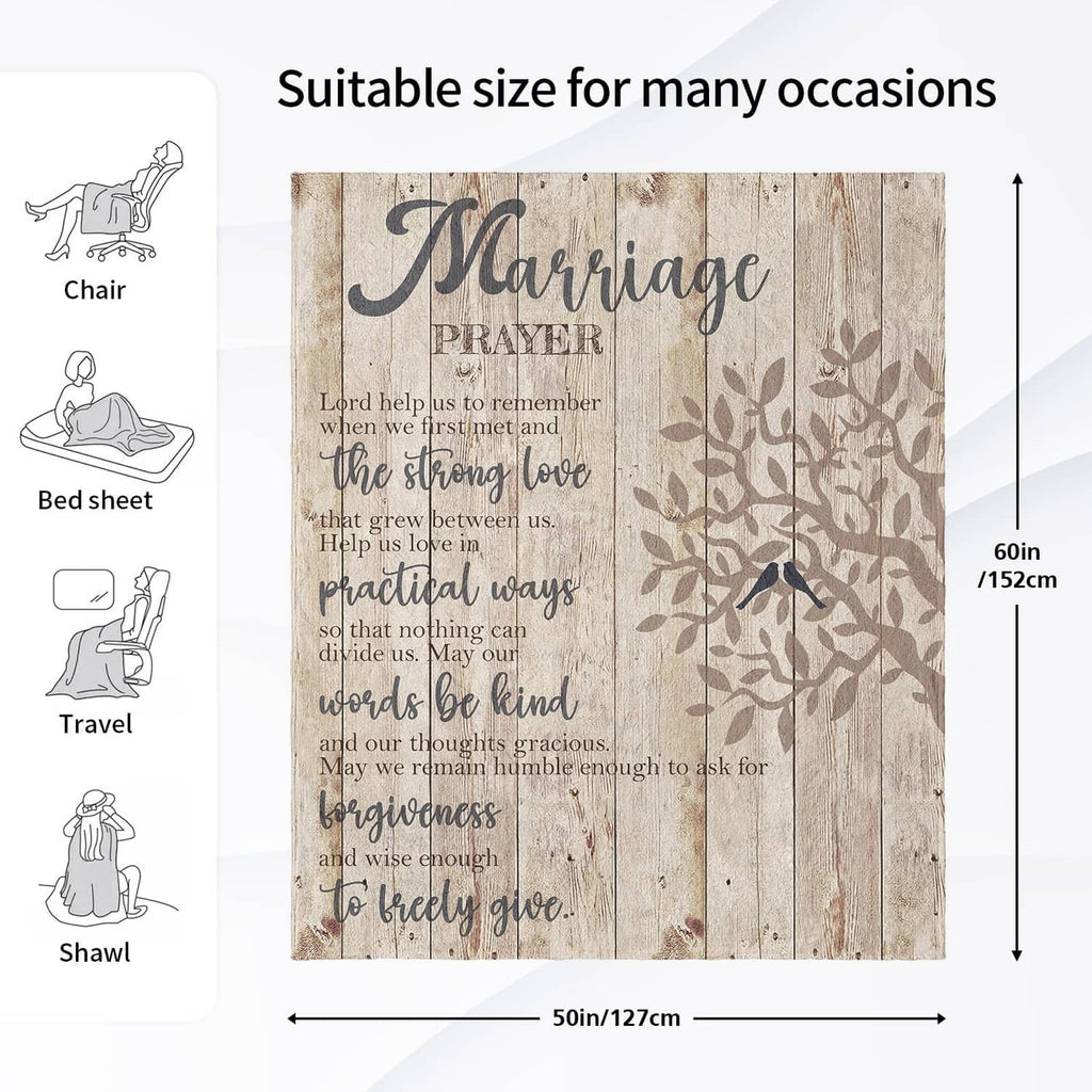 Beige marriage prayer throw blanket with “Marriage Prayer” design and size 50 x 60 in chart