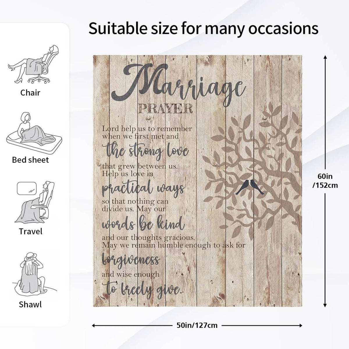 Beige marriage prayer throw blanket with “Marriage Prayer” design and size 50 x 60 in chart