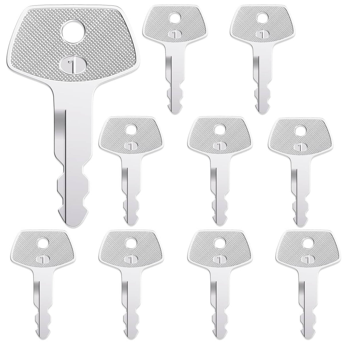 Set of 10 silver ignition keys with textured head and numbered emblem, metal teeth