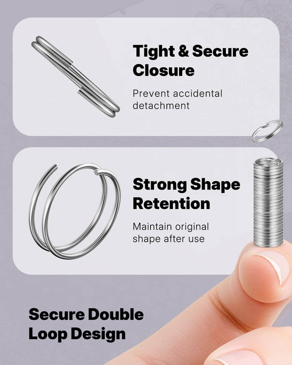 Silver double-loop split jump rings with tight closure, plus coiled stack