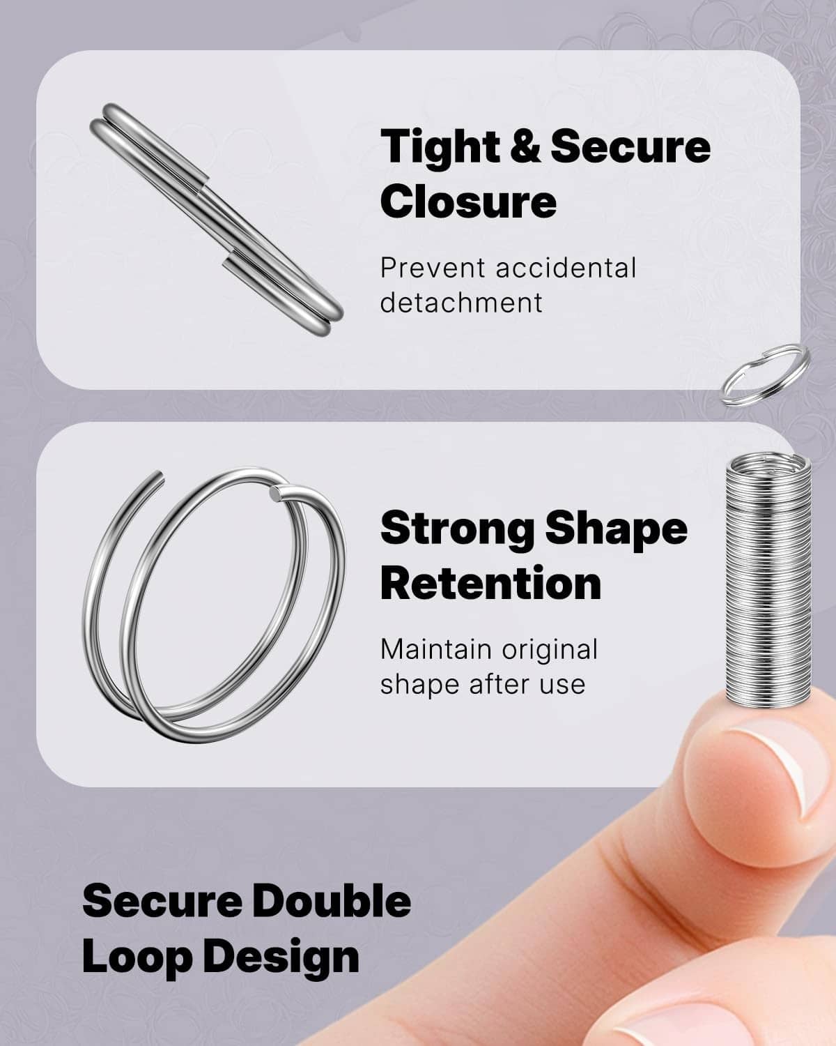 Silver double-loop split jump rings with tight closure, plus coiled stack