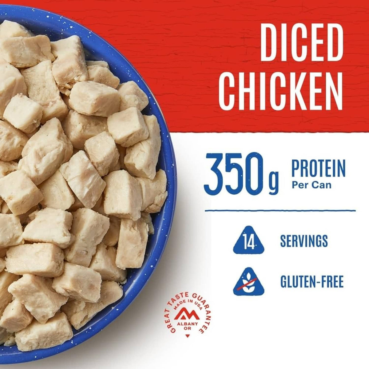 Freeze-dried diced chicken in blue bowl; 350 g, 14 servings, gluten-free