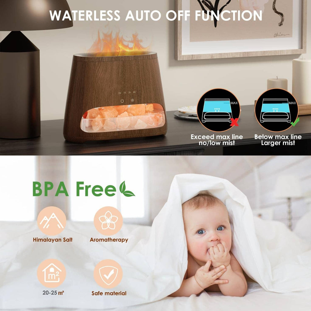 Dark wood salt lamp diffuser humidifier with glowing pink salt-rock tank and auto-off indicator
