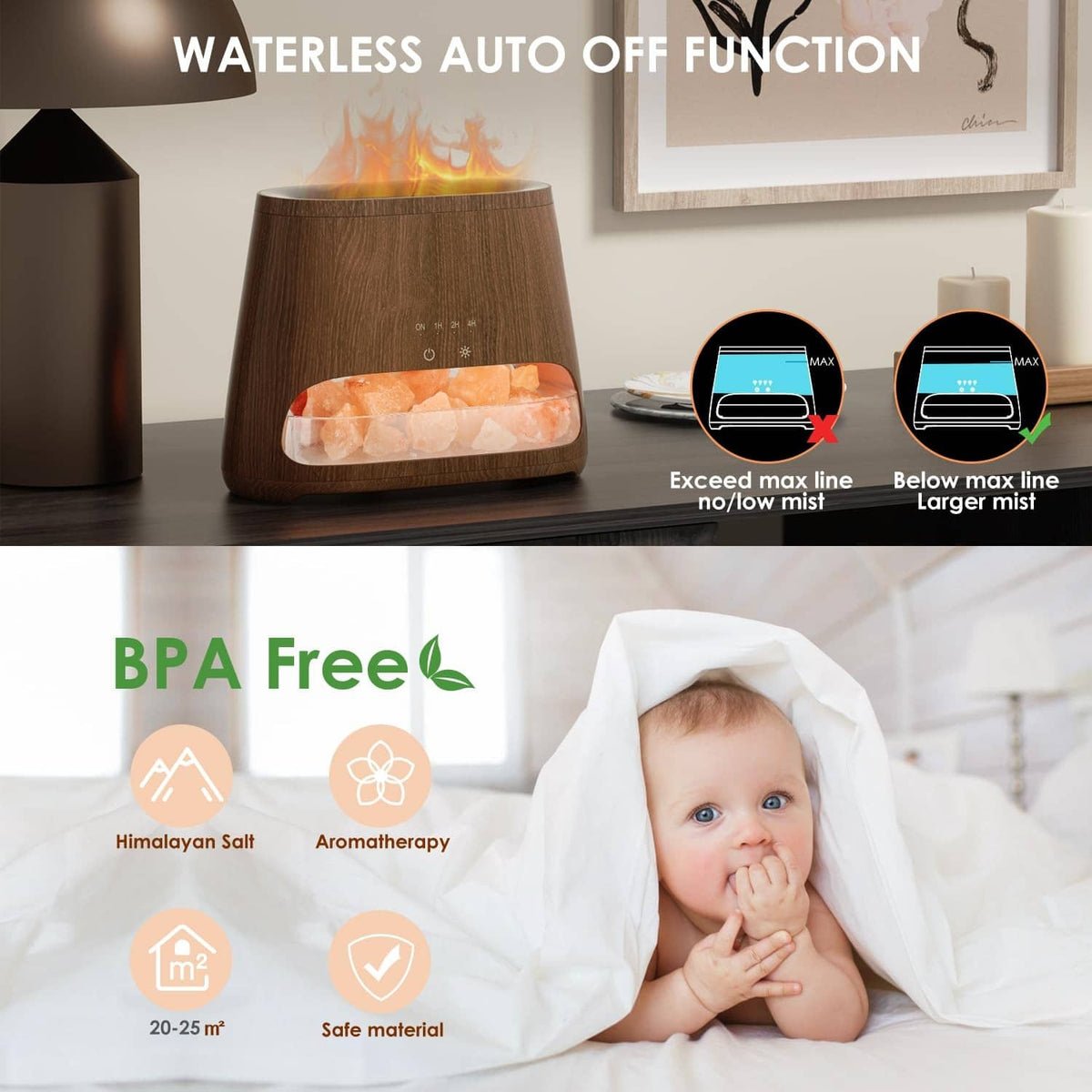 Dark wood salt lamp diffuser humidifier with glowing pink salt-rock tank and auto-off indicator