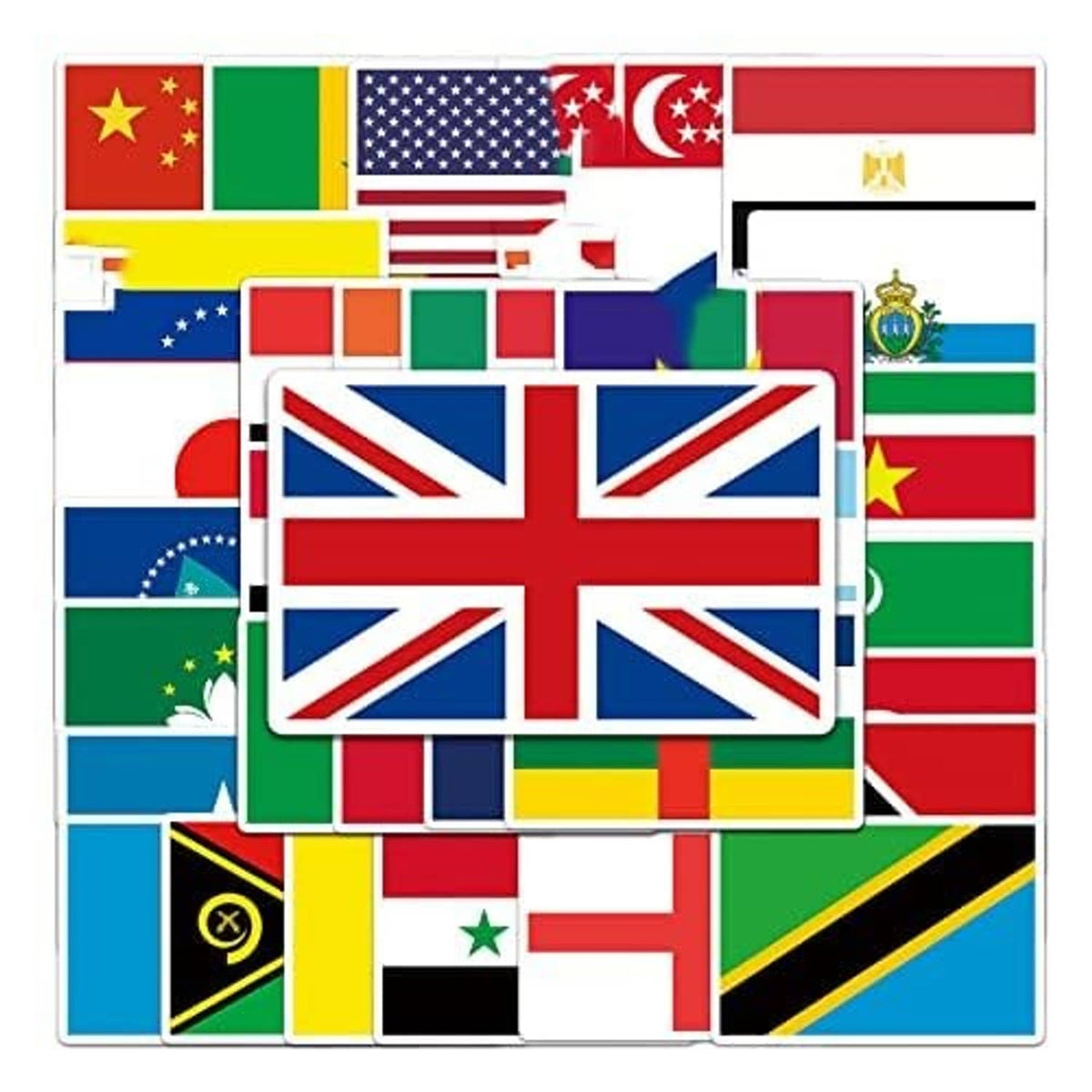 Set of assorted rectangular vinyl country flag stickers, multi-color collage design