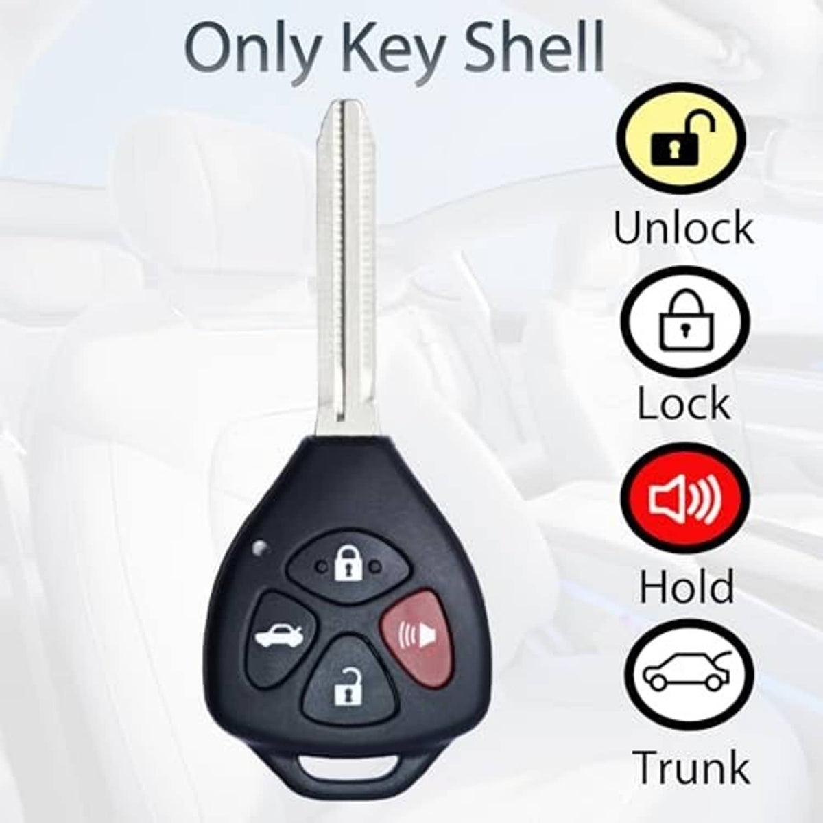 Black key fob shell with metal blade, unlock/lock and trunk/hold buttons