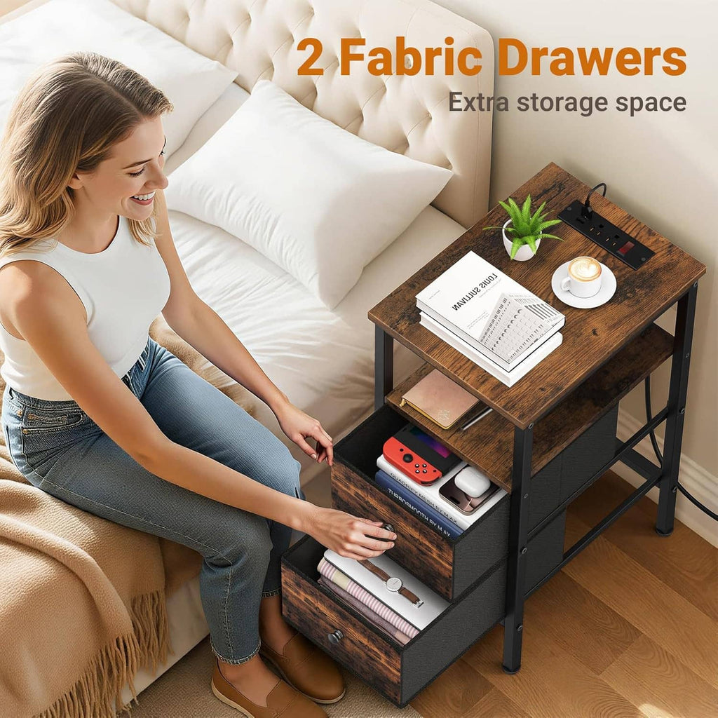 Narrow end table with two fabric drawers for storage and a lighted tabletop