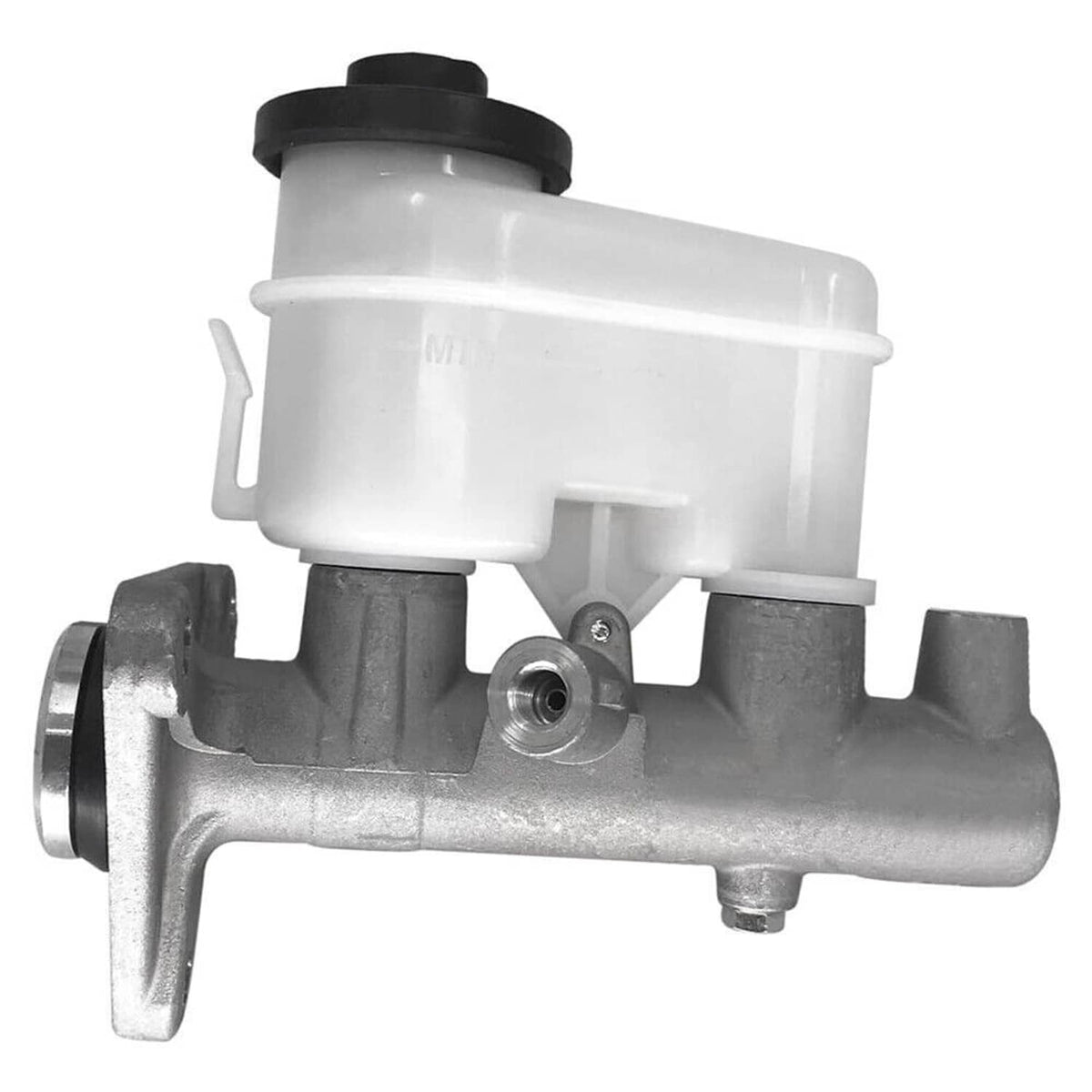 Brake master cylinder with white reservoir and metal mounting bracket