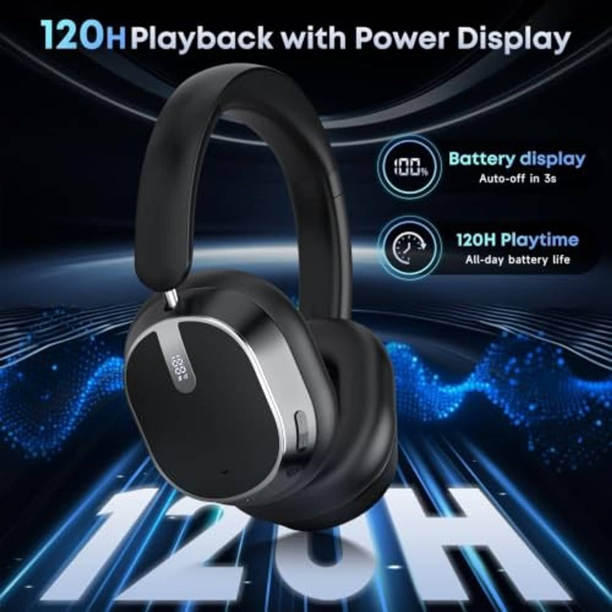 Black over-ear Bluetooth headphones with sleek earcups and padded headband