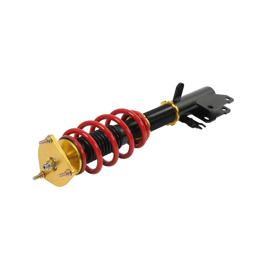 Coilover suspension strut with red spring, gold base, and black lower bracket
