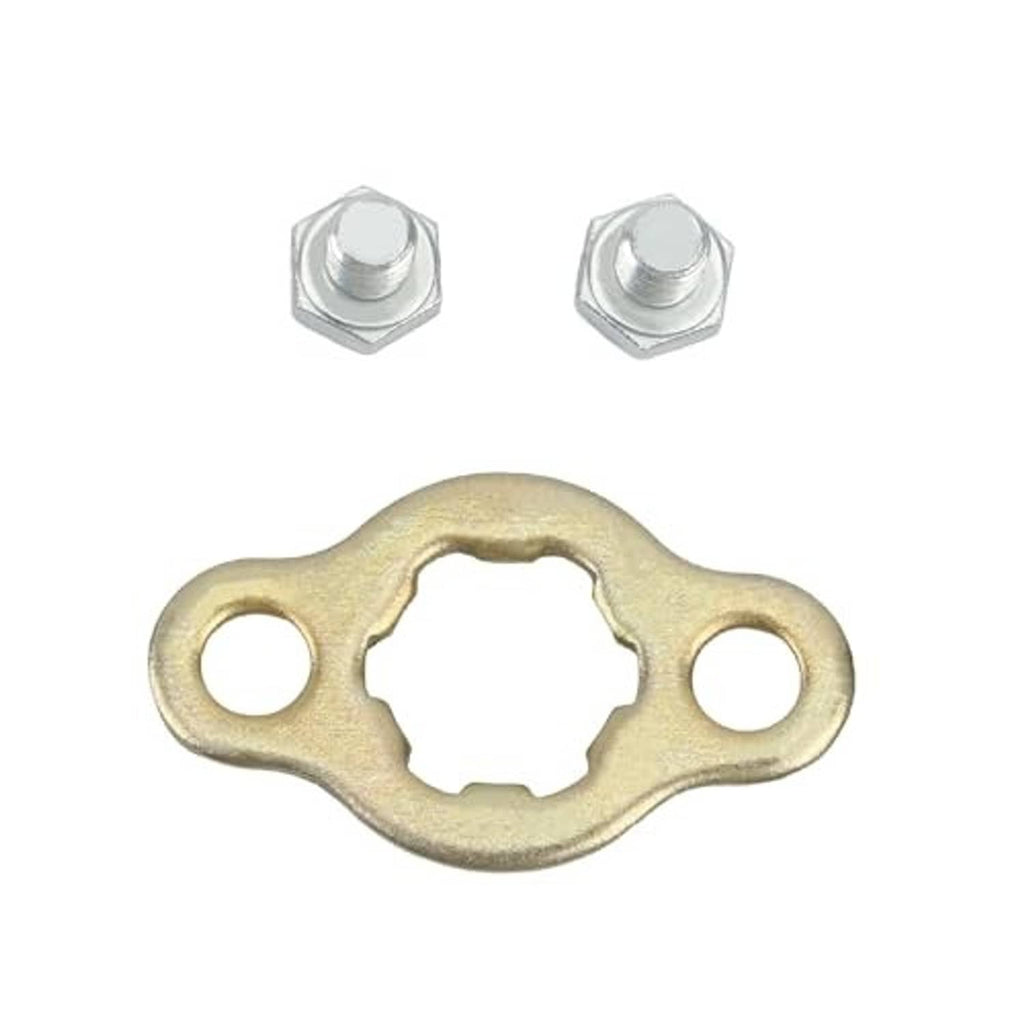 Gold sprocket plate with two mounting holes and two silver nuts