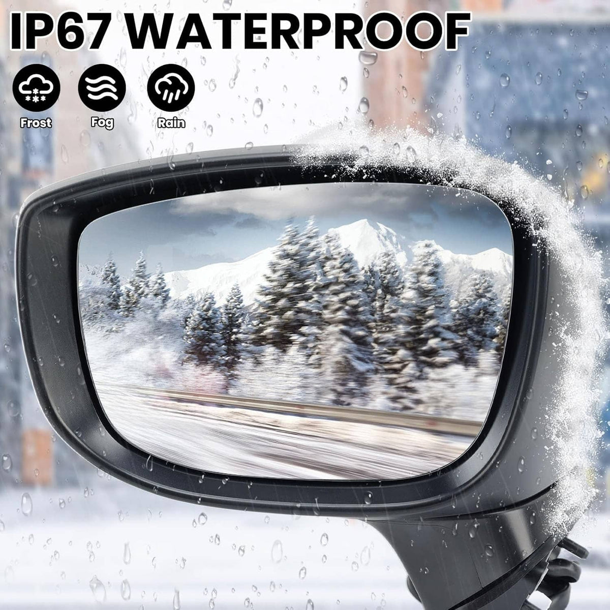 Black left side mirror with clear glass, water-splash resistant housing