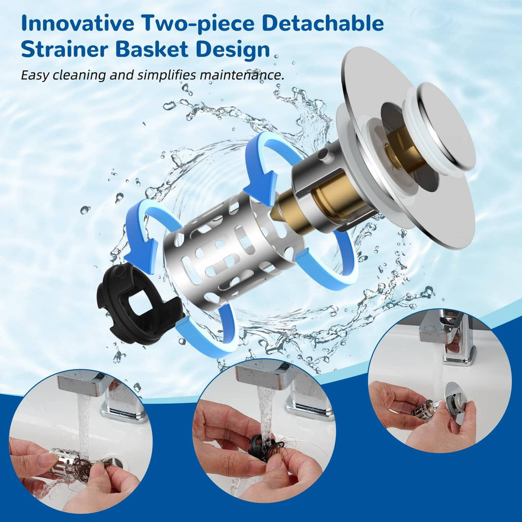 Chrome pop-up drain strainer with detachable filter basket for easy cleaning
