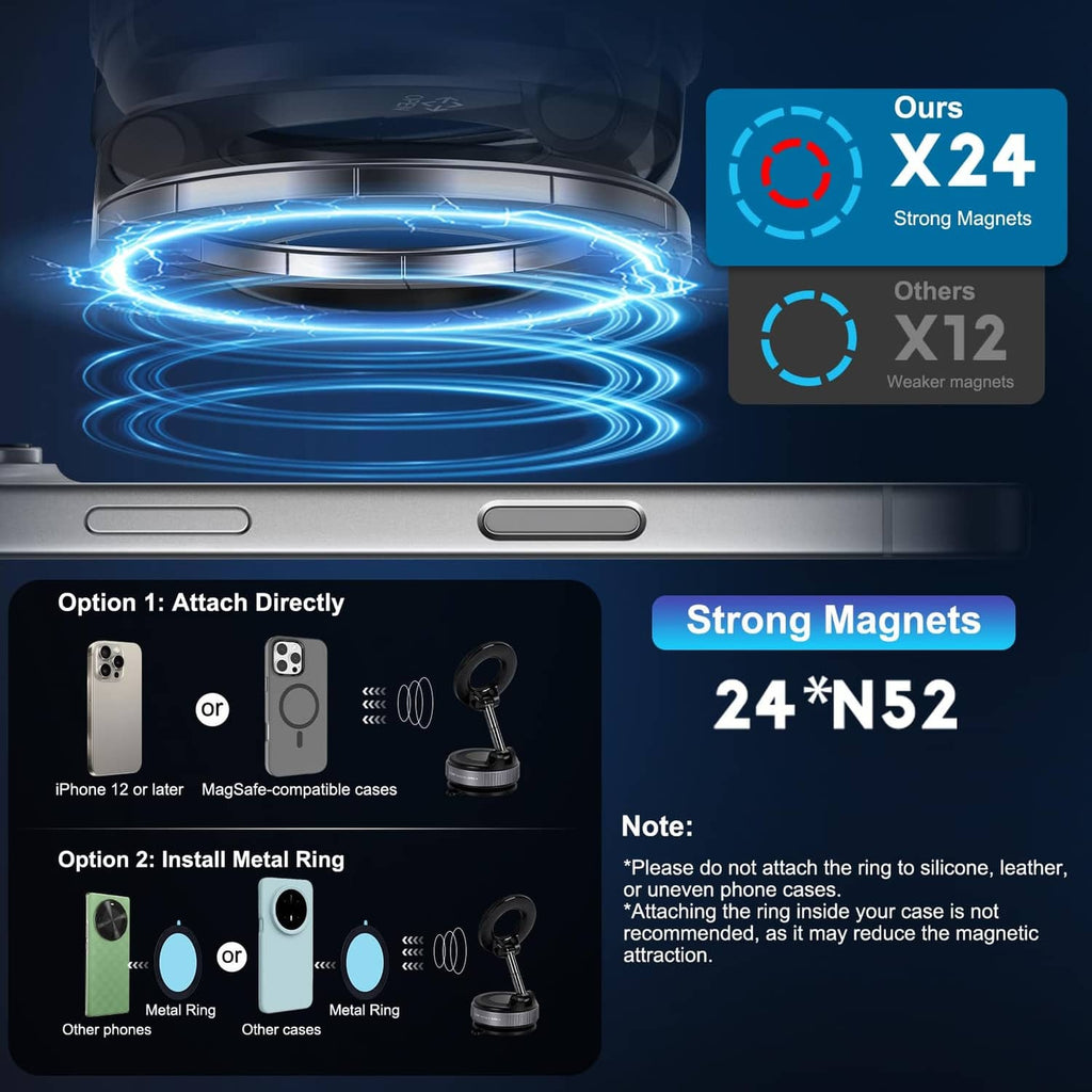 Vacuum magnetic car phone holder with strong magnetic ring and mounting base