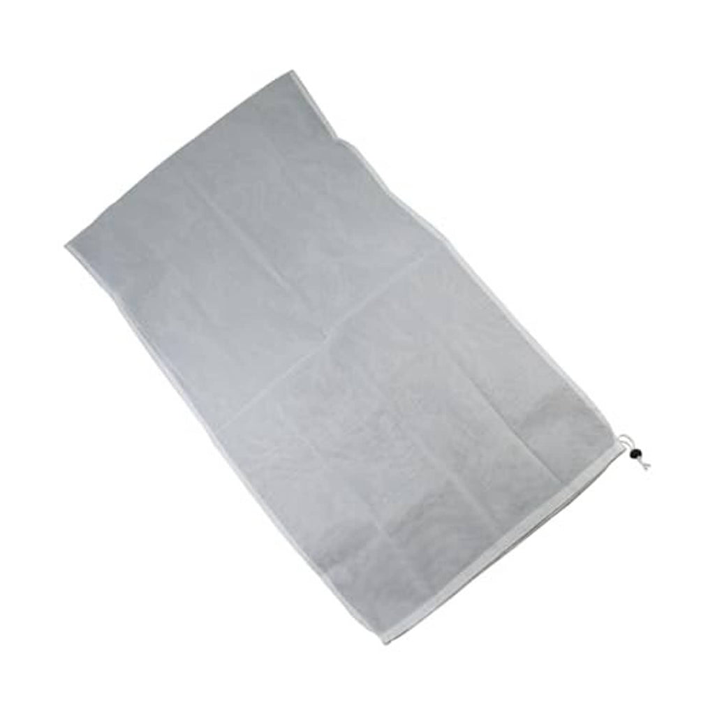 Pool vacuum replacement bag, light gray fabric pouch with small side drawstring tie.