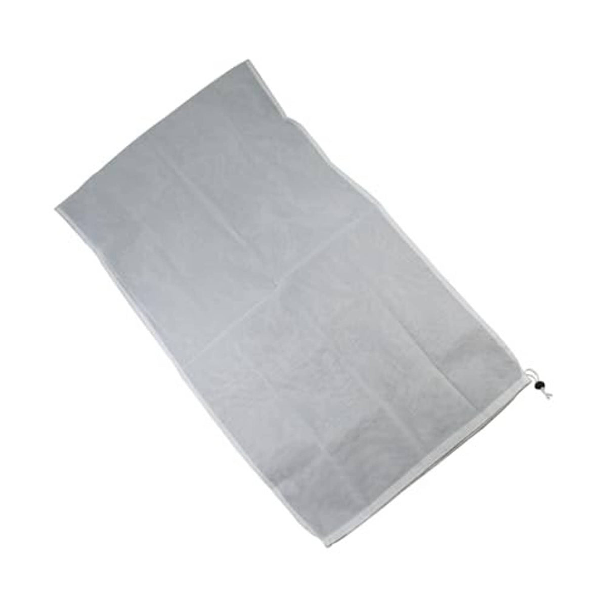 Pool vacuum replacement bag, light gray fabric pouch with small side drawstring tie.