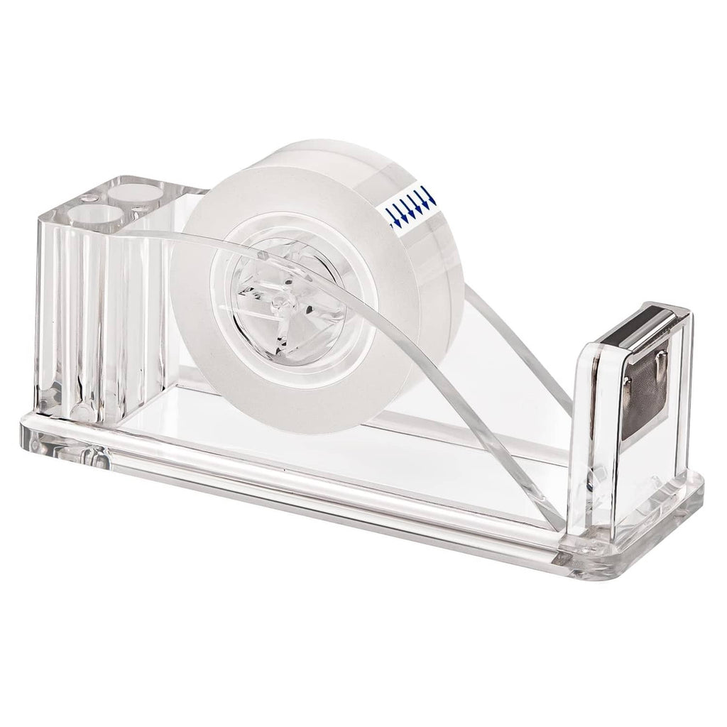 Transparent acrylic tape dispenser with wide roll holder and clear base