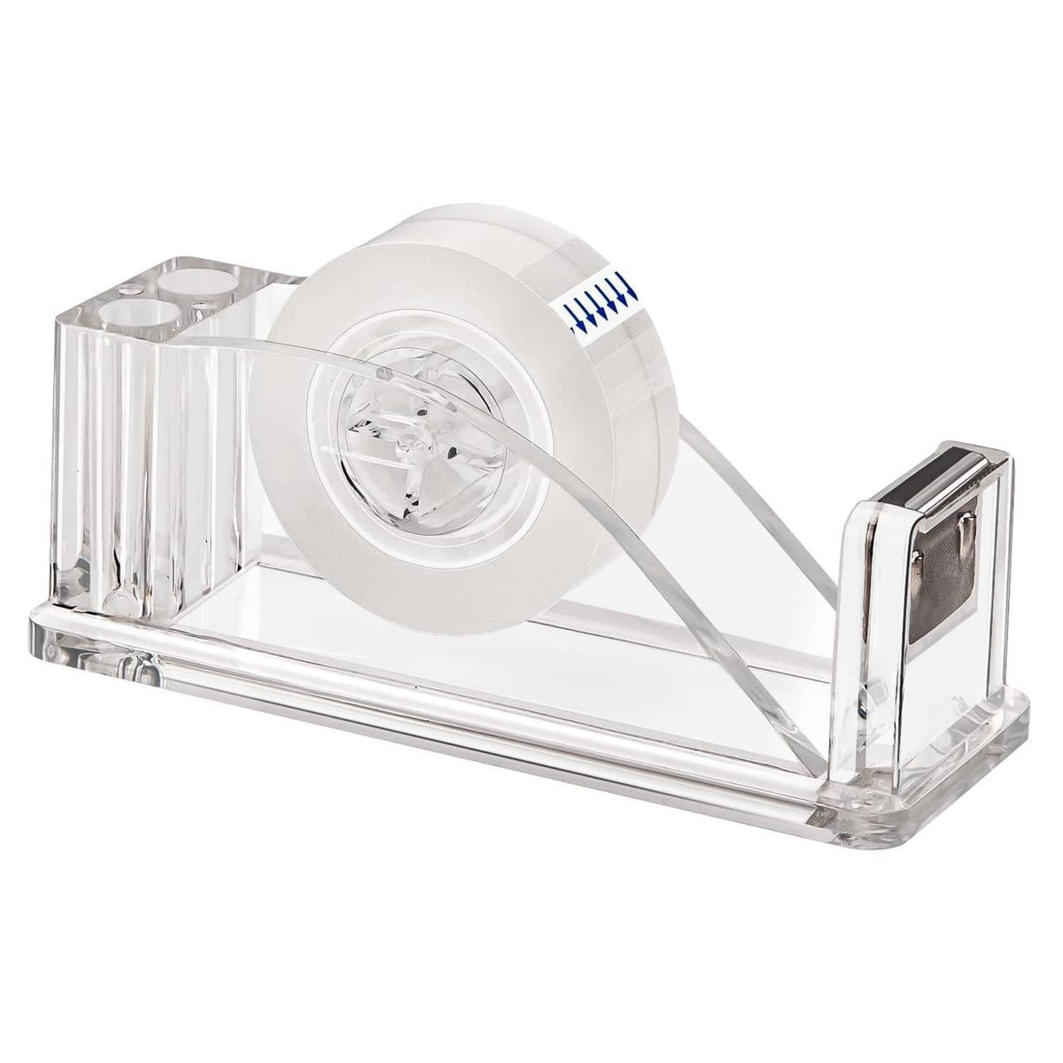 Transparent acrylic tape dispenser with wide roll holder and clear base