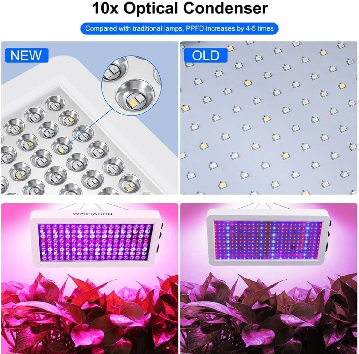 Upgraded LED grow light with optical condenser lens detail and illuminated panel examples