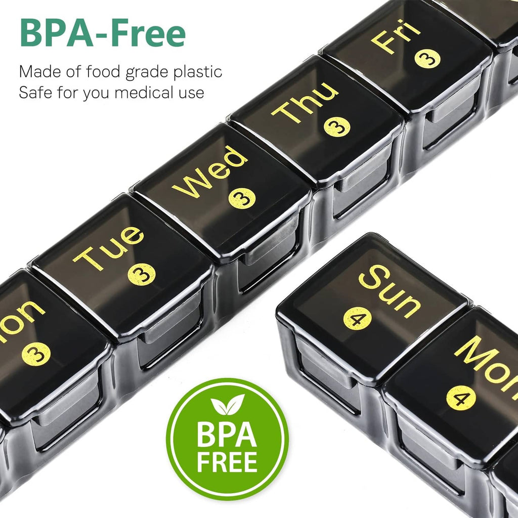 Black pill organizer with day-labeled compartments and BPA-free badge on the front