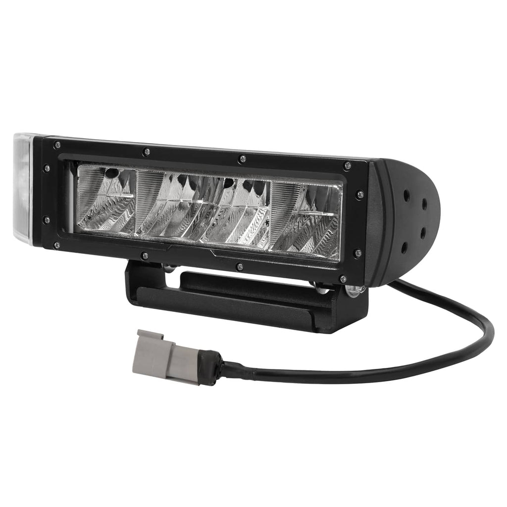 LED plow light bar with black bracket, clear front lens, and power cord connection