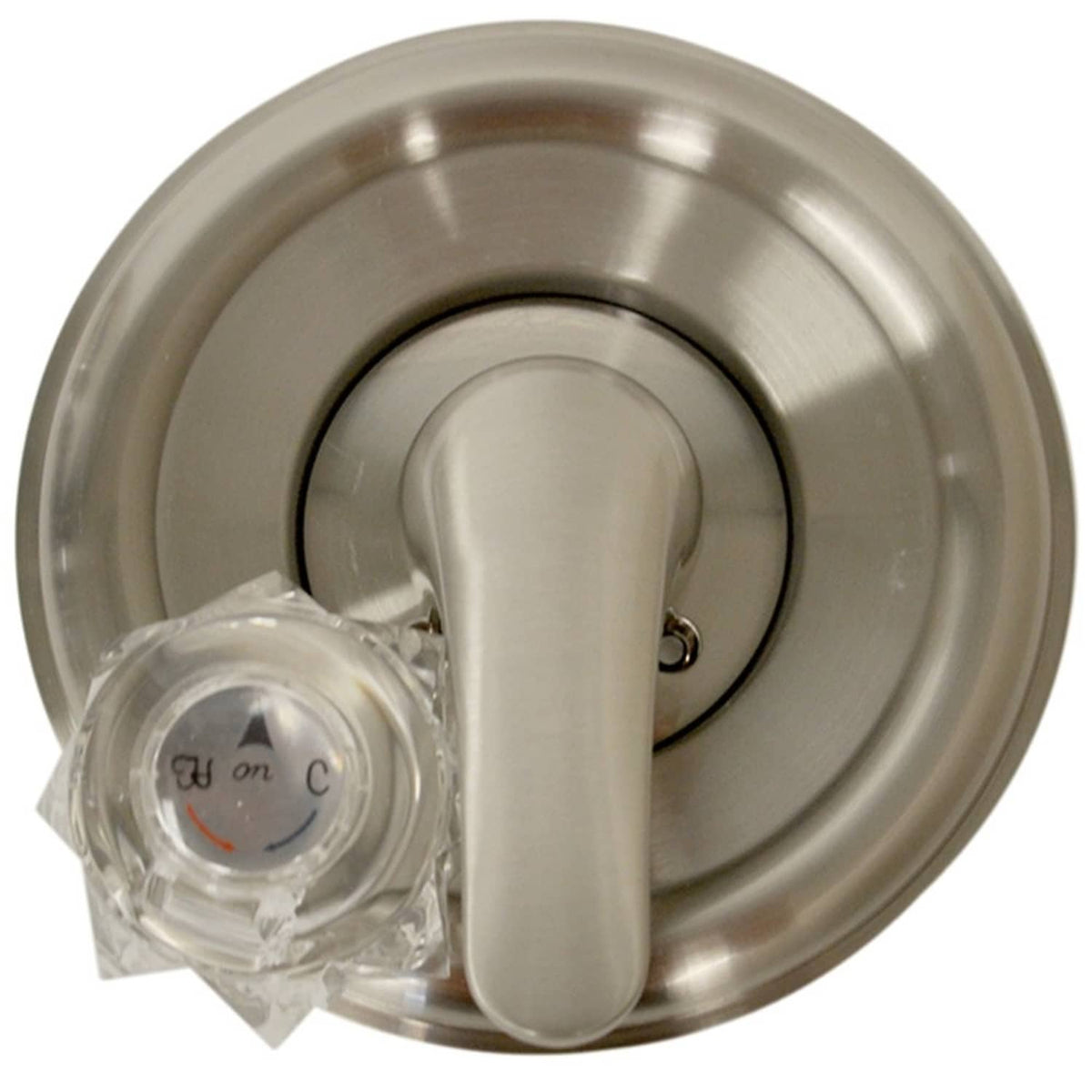 Brushed nickel tub/shower trim kit with round escutcheon and lever handle