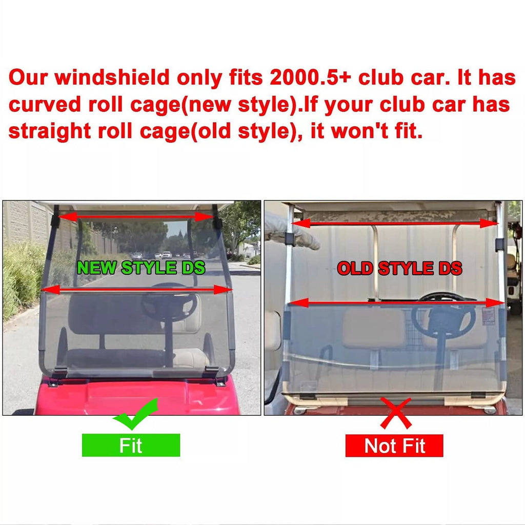 Tinted golf cart windshield panel with fold bar and mounting points