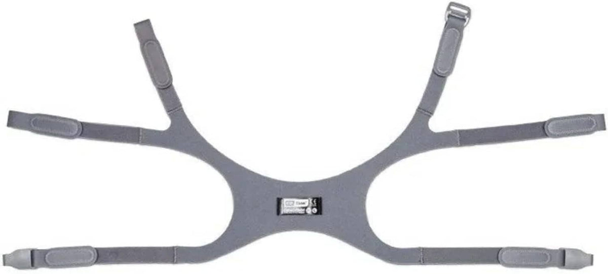 Gray head support brace with multiple strap loops and Eson label, flat view