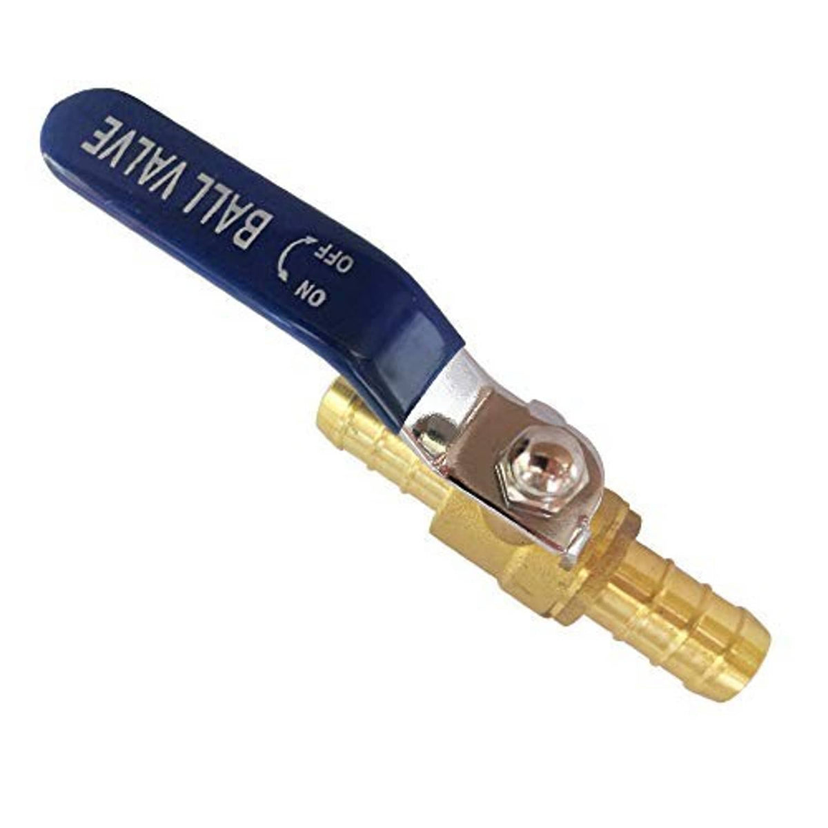 Brass ball valve hose shut-off with blue lever marked ON/OFF and barbed ends