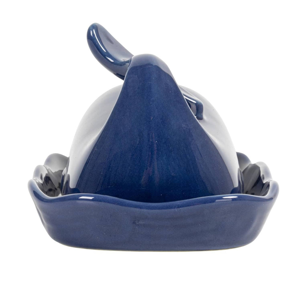 Dark blue whale-shaped butter dish lid on base, side view