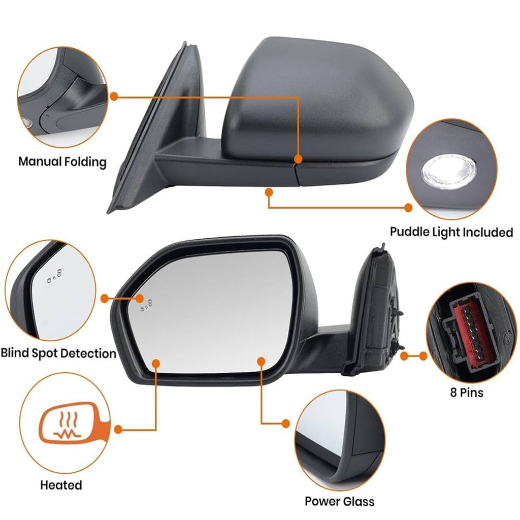 Heated power folding side mirror with puddle light and blind spot, black housing