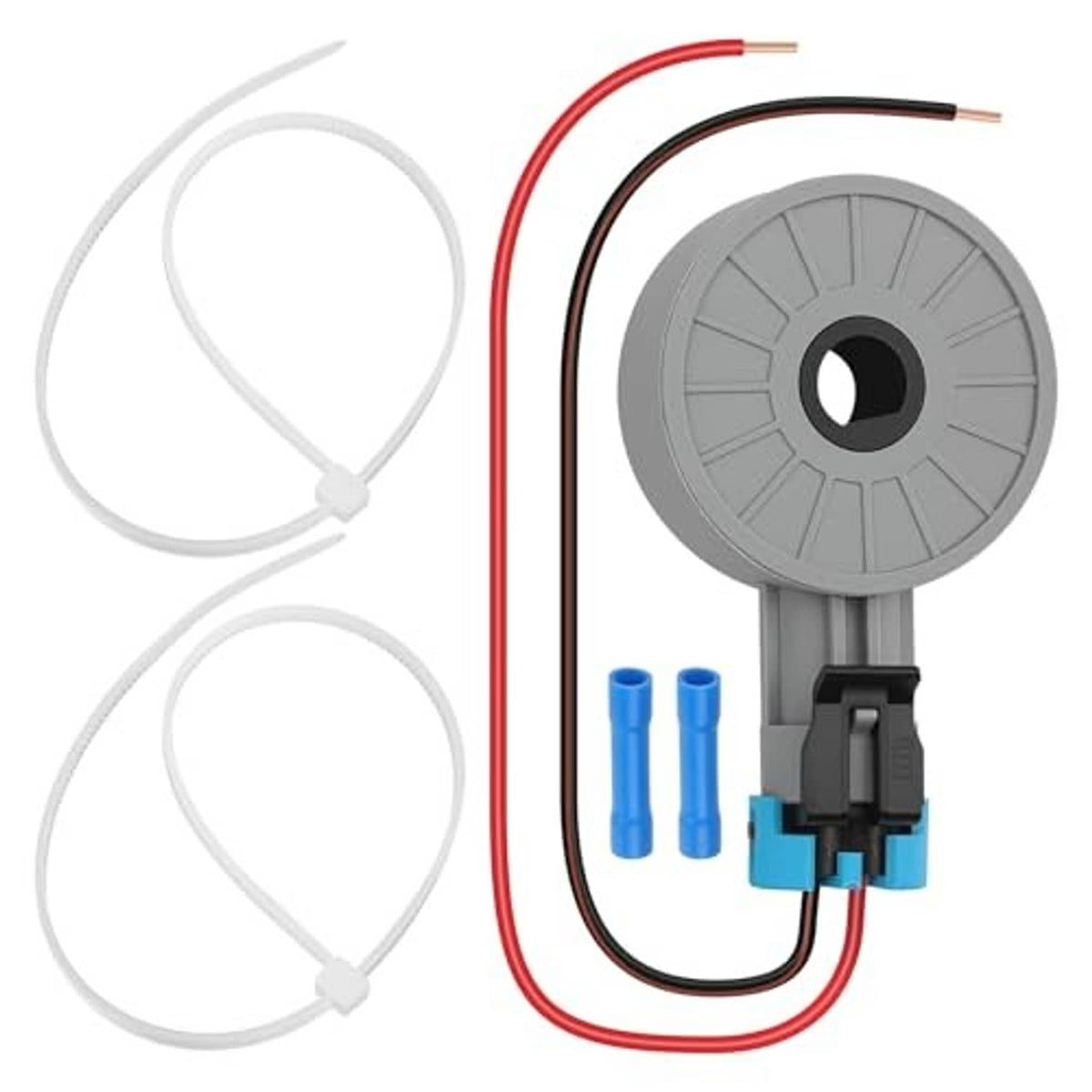Gray sensor with red and black wire leads and two white cable ties; blue terminal caps included