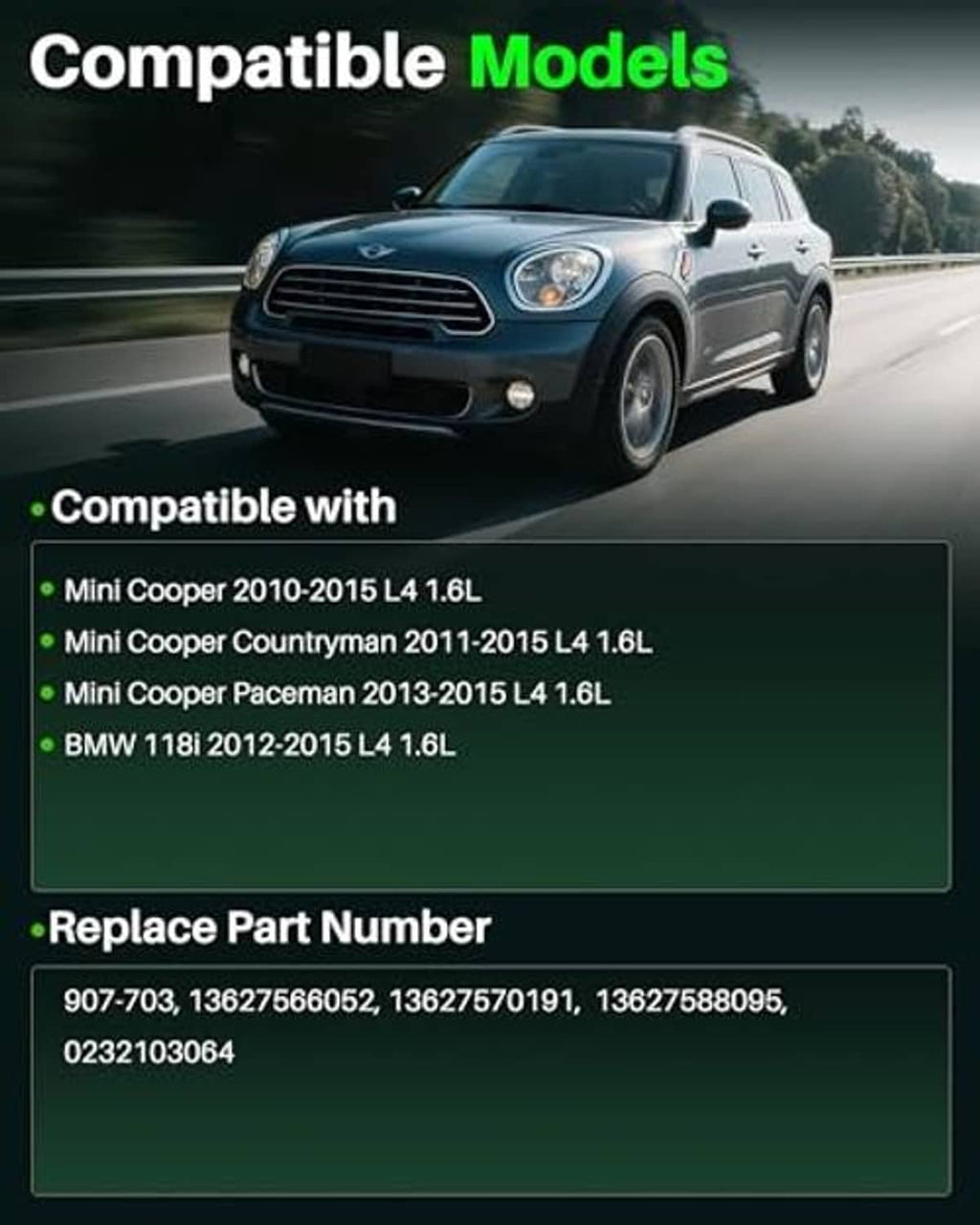 Camshaft position sensor compatibility infographic with a car photo