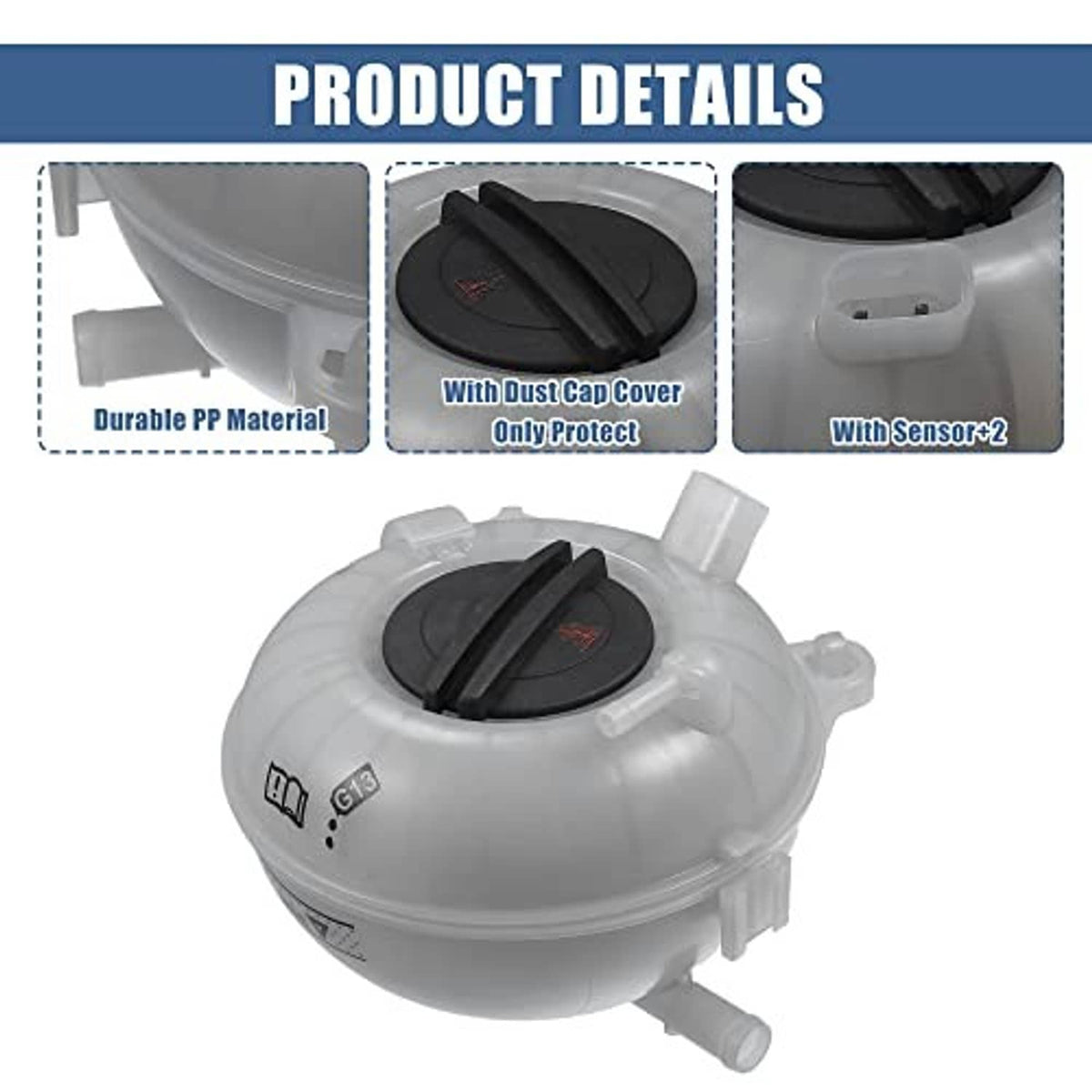 Coolant expansion reservoir tank with black cap and molded inlet/outlet ports