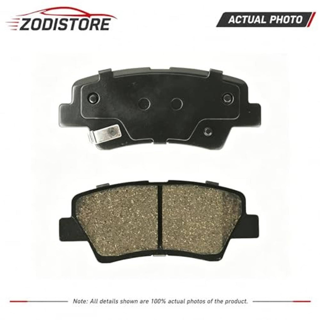 Ceramic brake pad set with black backing plate and tan friction pads, front and rear view