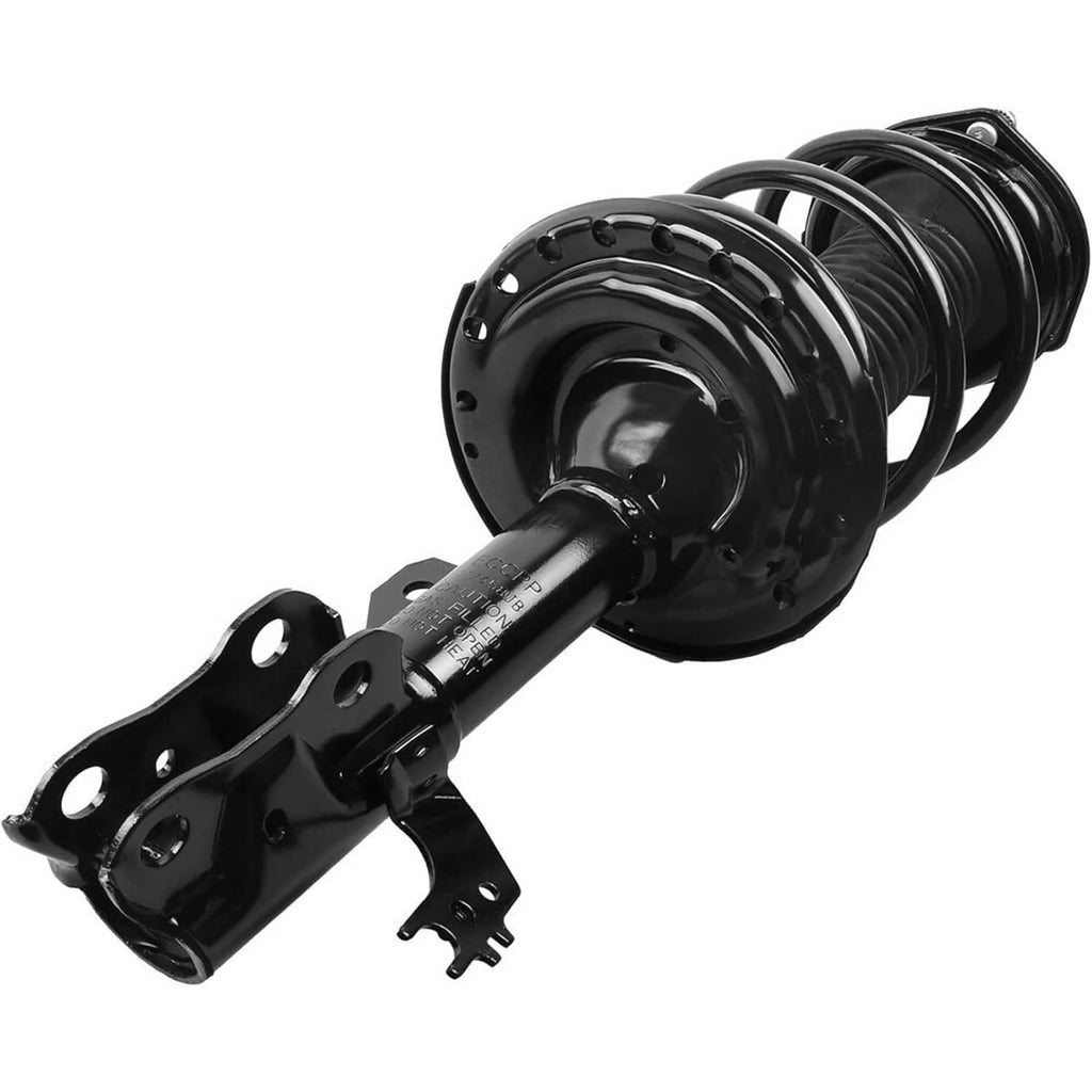 Black front strut shock absorber with coil spring and strut rod