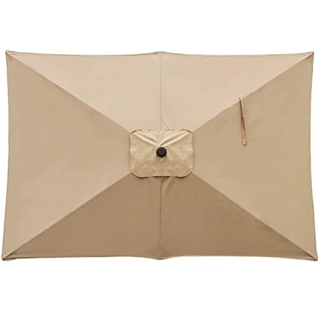 Tan rectangular patio umbrella canopy with central cover pad and fabric tie strap