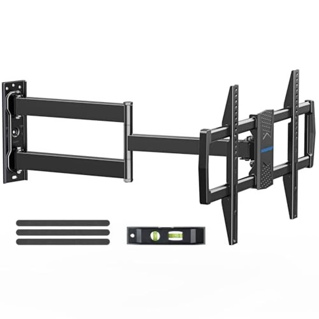 Black corner TV wall mount with metal support bar and multi-arm bracket