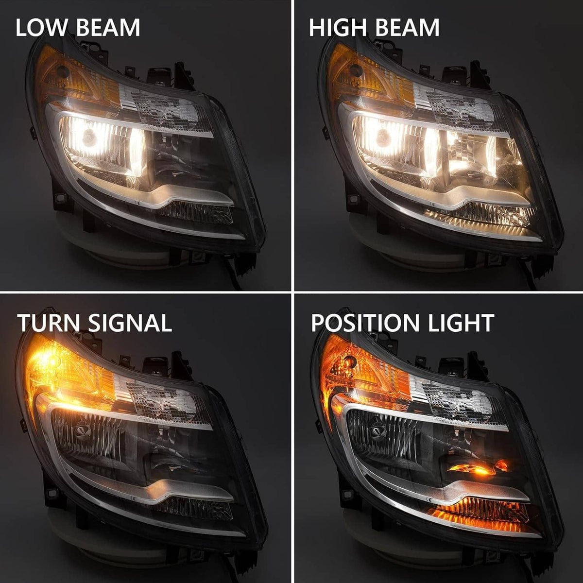 Black housing headlight with DRL showing low/high beam, turn signal, and position light