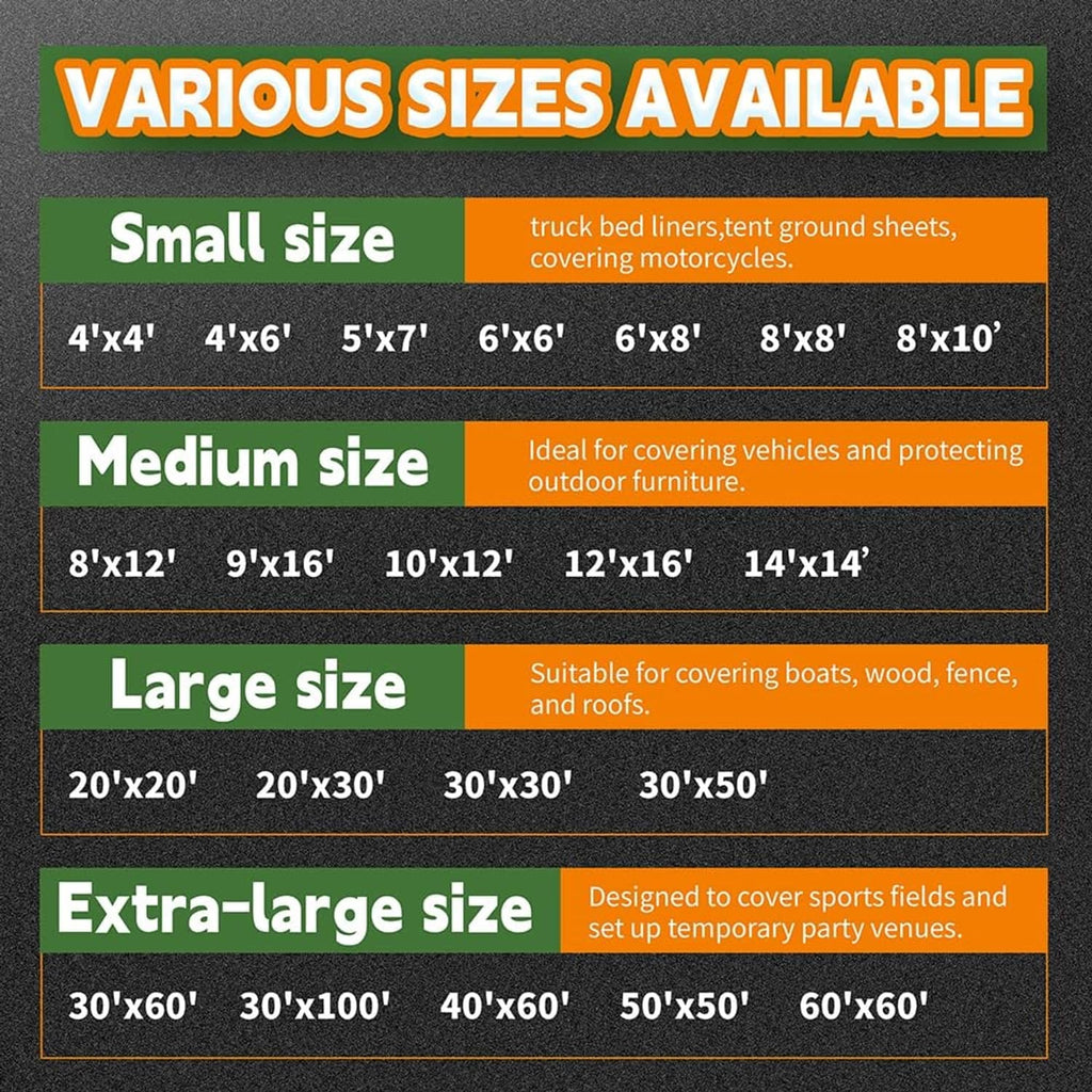 Tarp size chart showing small, medium, large, and extra-large options