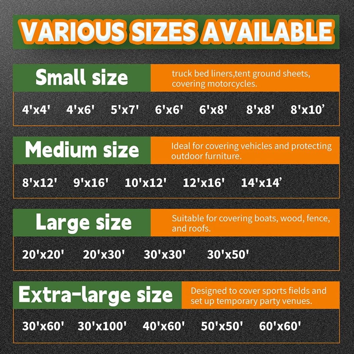 Tarp size chart showing small, medium, large, and extra-large options